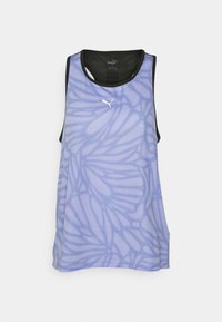 Fialový tílko s květinovým vzorem a černými akcenty. Vyrobeno z lehkého materiálu, má kulatý výstřih a průramky pro ventilaci.