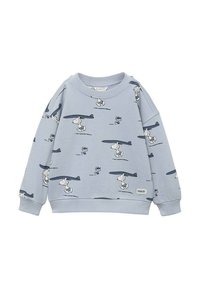 Felpa azzurra chiaro in morbido cotone, con un pattern a fumetti di Snoopy con una tavola da surf. Polsini e orlo a costine.