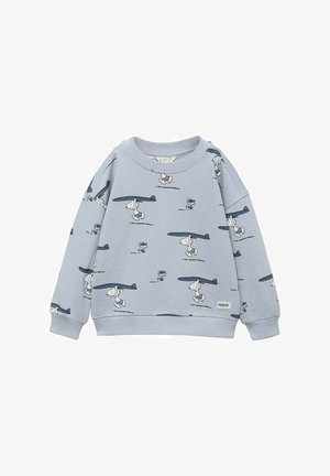 Lyseblå sweatshirt lavet af blødt bomuld, med et tegneserie-motiv af Snoopy med en surfbræt. Ribbet ved håndled og kant.