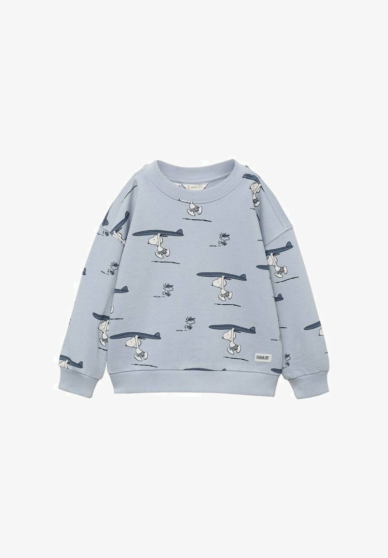 Ljusblå sweatshirt i mjuk bomull, med ett mönster av Snoopy som åker surfing på en surfbräda. Ribbad mudd och nederkant.