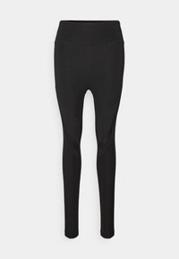 Czarne legginsy z wysokim stanem, z tkaniny teksturowanej i akcentami z siateczki. Przeznaczone do aktywności fizycznej, gładkie i dopasowane.