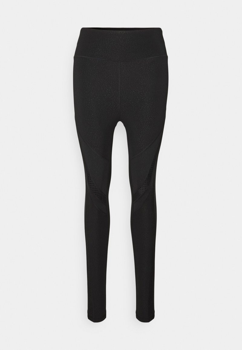 Czarne legginsy z wysokim stanem, z tkaniny teksturowanej i akcentami z siateczki. Przeznaczone do aktywności fizycznej, gładkie i dopasowane.