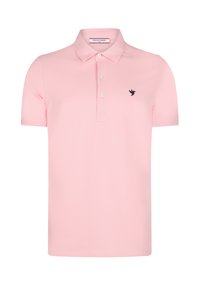 Roosa polo särk, mis on valmistatud puuvillast, klassikalise kraega, kolme nupuga ja väike must linnu logo vasakul rinnal.