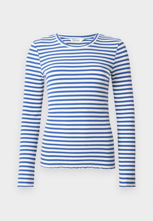 Blauw-wit gestreepte lange mouw top met een geribbelde textuur en een ronde halslijn, met gelijkmatig verdeelde horizontale strepen.