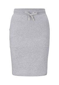 Jupe grise longueur genou en tissu doux, avec une taille élastique à cordon de serrage, offrant un design simple et décontracté.