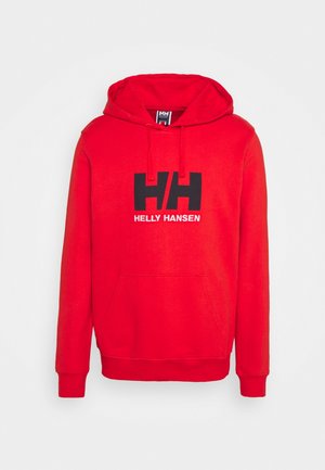 Czerwona bluza z kapturem z kieszenią z przodu i czarnym logo "H/H HELLY HANSEN" nadrukowanym na piersi.