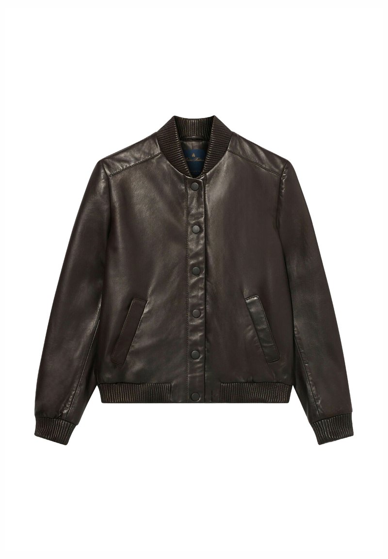 Giacca bomber in pelle marrone con colletto e polsini a coste, chiusura a bottone a pressione, due tasche laterali e una texture liscia e lucida.