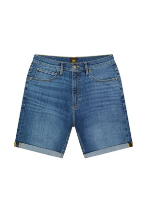 Modri denim kratke hlače z zavihanimi robovi, sprednjimi žepi, zankami za pas in zapenjanjem na gumbe, blagovne znamke Lee z majhno oznako na pasu.