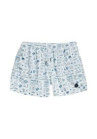 Bañador de patrón azul y blanco con cinturilla elástica, cordón y diversos diseños, incluyendo cactus, soles y olas.