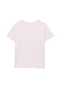 Camiseta de manga corta de color rosa claro con cuello redondo, hecha de algodón suave, con un diseño liso y una textura suave.