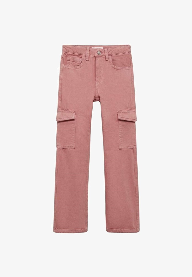 Pantalon cargo rose en coton, dotés d'une coupe droite, deux poches latérales et une fermeture à bouton sur le devant.