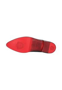 Suola di scarpa elegante in pelle nera con fondo in pelle rossa, loghi impressi sul tallone e sulla punta, e marcatura della taglia "41".