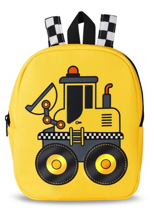 Small yellow backpack with black wheels graphic and construction vehicle illustration, featuring black and white checkered straps.