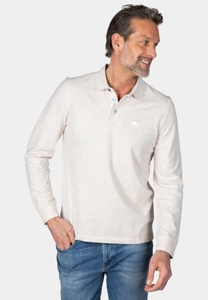 Lange mouw polo shirt in lichtbeige, gemaakt van zacht katoen; beschikt over een kraag, een knoopsluiting met drie knopen en een subtiele groene logo detail.