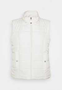 Biała, bezrękawnik puchowy z wysokim kołnierzem, przednim zamkiem błyskawicznym i bocznymi kieszeniami. Charakteryzuje się poziomą pikowaną fakturą oraz srebrnymi akcentami metalowymi.