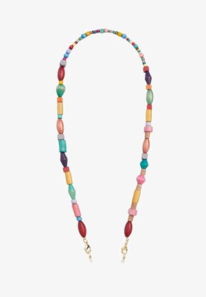 Bunte Perlenbrillenkette mit unterschiedlich geformten und großen Perlen, die in goldenen Verschlüssen zur Befestigung endet.