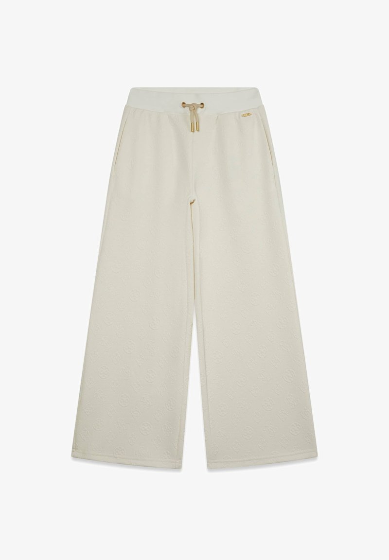 Pantalon ample couleur crème avec taille à cordon, motif embossé discret et poches latérales, présenté à plat sur fond blanc.