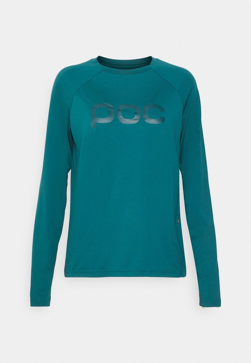 Camisa de manga longa em azul-petróleo, feita de um tecido suave, com decote redondo e o logótipo "POC" em cinza-escuro na parte da frente.