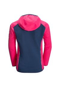 Huvtröja med en rosa kropp och marinblå sidor. Tillverkad av mjukt, syntetiskt tyg; har långa ärmar och elastiska muddar.