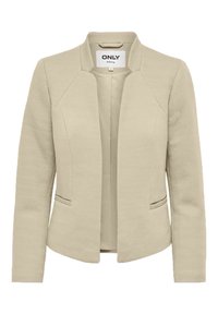 Blazer beige à motif chevron texturé. Présente un design sans col, une ouverture frontale et deux poches latérales.