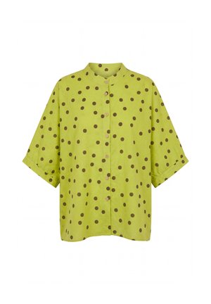 Lichtgroen overhemd met korte mouwen, knopen, bruine polkadots en een korte opstaande kraag.