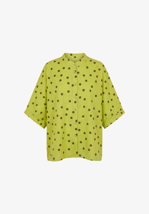 Lichtgroen overhemd met korte mouwen, knopen, bruine polkadots en een korte opstaande kraag.
