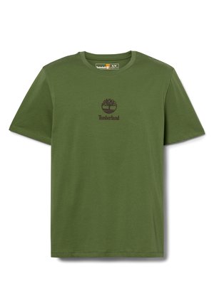 Olivgrön t-shirt i mjuk bomull, med rund halsringning och korta ärmar, med en mörkbrun Timberland-logotyp på bröstet.