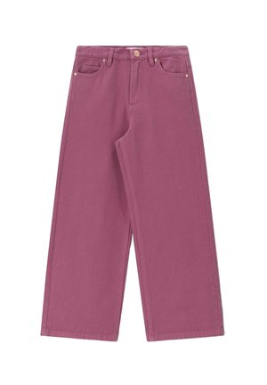 Weit geschnittene lila Hose mit vorderen Taschen, Gürtelschlaufen, Knopfverschluss und Metalldetails auf schlichten weißen Hintergrund.