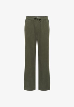 Olivgrüne, weite Hosen mit elastischem Bund und Kordelzug. Weicher Stoff, ohne sichtbare Muster oder Metallteile.