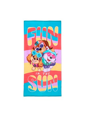 Colorful towel with three cartoon dogs wearing sunglasses and the text "FUN IN THE SUN" in large, striped letters.