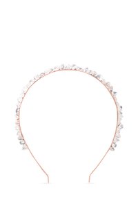 Serre-tête en cristal clair avec une monture en fil de cuivre, ornée de pierres précieuses de forme irrégulière le long du bord supérieur. Surface polie et réfléchissante.