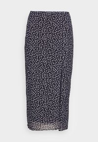 Jupe midi bleu marine à fleurs blanches et bleues, fendue sur le côté, tissu léger, taille élastique et silhouette droite.