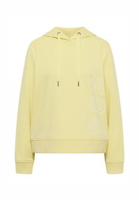 Sweat à capuche jaune pâle avec cordons, poignets et ourlet côtelés, et lettrage "SE" discrètement cousu sur le côté droit près de la taille.