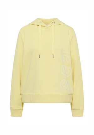 Sudadera con capucha de color amarillo claro con cordones, puños y dobladillo acanalados, y letras "SE" sutilmente bordadas en el lado derecho cerca de la cintura.