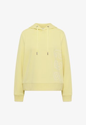 Felpa con cappuccio giallo chiaro con coulisse, polsini e orlo a coste, e sottili ricami con le lettere "SE" cucite sul lato destro vicino alla vita.