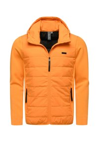 Orange jacket featuring a padded front and smooth sleeves, zippered front closure, side pockets, and a hood. Black interior lining.