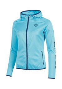 Lichtblauwe rits hoodie met donkerblauwe afwerking, ritszakken en logo op de borst en linkermouw.