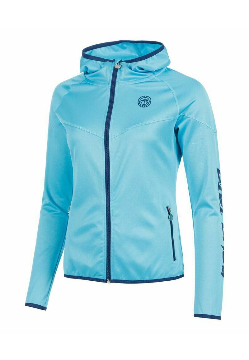 Lichtblauwe rits hoodie met donkerblauwe afwerking, ritszakken en logo op de borst en linkermouw.