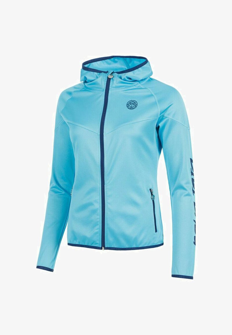 Lichtblauwe rits hoodie met donkerblauwe afwerking, ritszakken en logo op de borst en linkermouw.