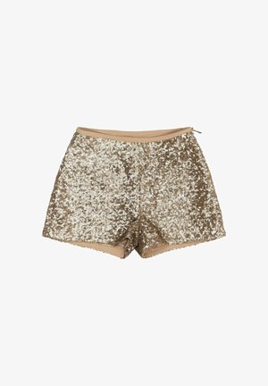 Shorts de lentejuelas doradas con una suave cinturilla beige y cierre de cremallera, que presentan una superficie completamente cubiertas de lentejuelas y un diseño ajustado.