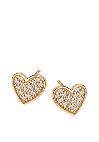 Złote kolczyki w kształcie serca zdobione licznymi przezroczystymi kryształami, z gładkim wykończeniem i bezpiecznymi zapięciami na dorn.