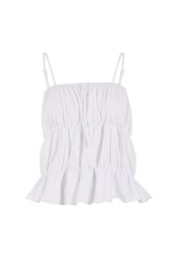 Biely, bezrukávový top so zhrnutým, elastickým živôtikom a volánovým lemom. Vyrobený z jemného materiálu; má tenké nastaviteľné ramienka a voľný strih.
