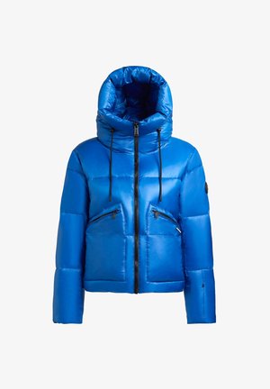 Blauer Daunenjacke mit hohem Kragen, Front-Reißverschluss, zwei diagonalen Reißverschlusstaschen und elastischen Kordeln. Glattes, glänzendes Material mit isolierender Füllung.