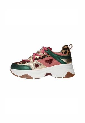 Multicolored sneaker with a gold and green metallic finish, pink accents, leopard print, and a thick white sole.