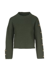 Zielony dziergany sweter o prążkowanej fakturze, z okrągłym dekoltem i długimi rękawami. Ozdobiony mosiężnymi guzikami na rękawie jako detal.