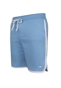Pantalones cortos atléticos de color azul claro hechos de una tela suave, con un cordón blanco, franjas laterales y un pequeño logo cerca del dobladillo.