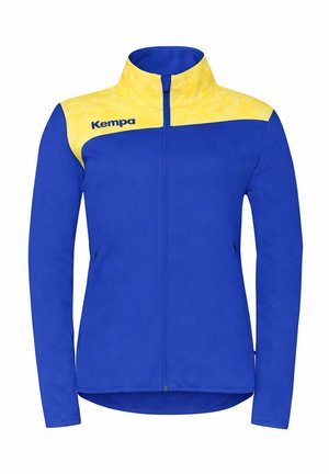 Blauw en geel jack met rits, hoge kraag, lange mouwen en het "Kempa" logo op de bovenste linkerborst.