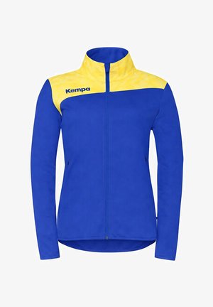 Blauw en geel jack met rits, hoge kraag, lange mouwen en het "Kempa" logo op de bovenste linkerborst.