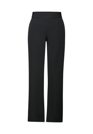 Black trousers made from a smooth fabric, featuring a wide elastic waistband and a straight-leg design with no visible fastenings or pockets.