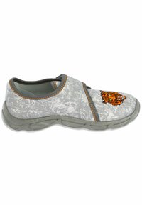 Baskets grises à enfiler avec tissu texturé, semelle en caoutchouc, coutures orange et graphique détaillé d'un tigre orange sur le côté.